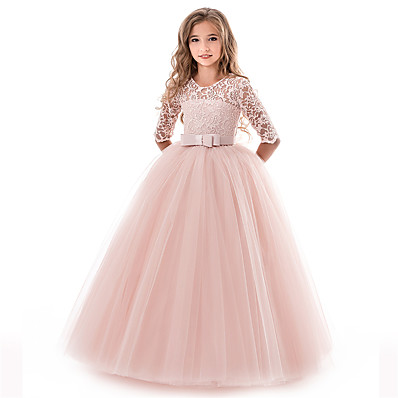 זול DJECA-ילדים קטן שמלה בנות אחיד תחרות טול פפיון סגול ורוד מסמיק יין מקסי וינטאג&#039; שמלות נסיכות שמלות פסחא 3-13 שנים