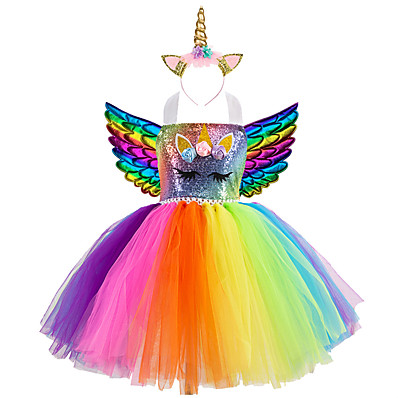 cheap Girls&#039; Clothing-Kids Little Girls&#039; Dress 3 Pcs Unicorn Rainbow Patchwork Birthday Party Sequins Lace up Patchwork Colorful Blue Gold Knee-length Sleeveless Active Costumes Cute Dresses Easter Regular Fit 3-10 Years