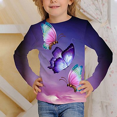 abordables Ropa de Niño-Niños Chica Camiseta Manga Larga Mariposa Impresión 3D Vino Niños Tops Activo Otoño Ajuste regular 4-12 años
