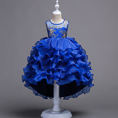 hesapli ÇOCUK-Çocuklar Küçük Elbise Genç Kız Çiçekli Parti Düğün Pegeant Fırfırlı Yonca Havuz Mor Dantelalar Tül Prenses Elbiseler Yaz 4-13 Yıl