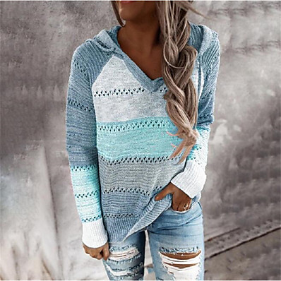 저렴한 니트 상의-여성용 스웨터 풀오버 컬러 블럭 니트 캐쥬얼 긴 소매 루즈핏 스웨터 가디건 가을 겨울 후디 클로버 블랙 와인 / 홀리데이 / 작동