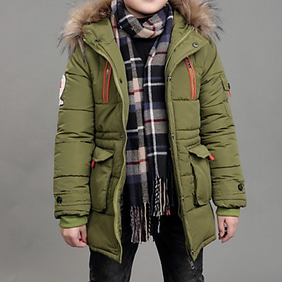 hesapli Erkek Çocuk Kıyafetleri-Çocuklar Genç Erkek Palto Uzun Kollu Ordu Yeşili Siyah YAKUT Fermuar Cep Düz Harf Resmi Actif Havalı 10-13 yıl / Kış