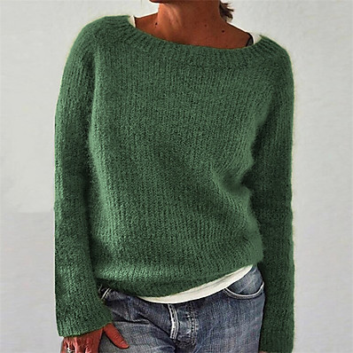 저렴한 니트 상의-여성용 풀오버 스웨터 한 색상 니트 베이직 캐쥬얼 긴 소매 보통 스웨터 가디건 가을 겨울 보트넥 푸른 퍼플 블랙 / 홀리데이 / 데이트