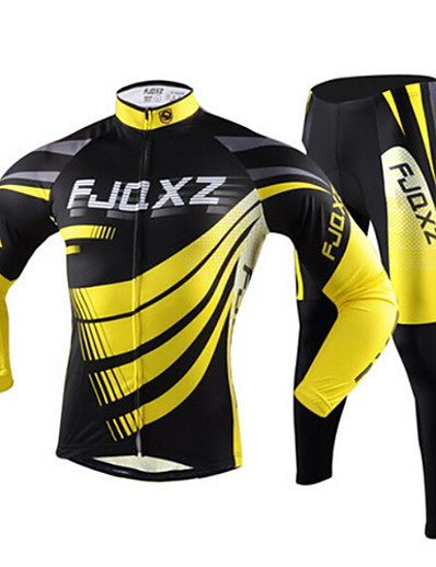 cheap Sportswear-FJQXZ Men&#039;s Long Sleeve Cycling Jersey with Tights Yellow Stripes Bike Jersey Tights Clothing Suit Breathable Quick Dry Ultraviolet Resistant Winter Sports Polyester Mesh Stripes Mountain Bike MTB