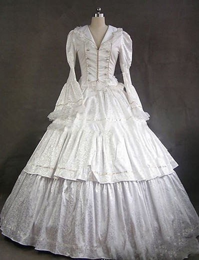 cheap Historical &amp; Vintage Costumes-Maria Antonietta Rococo Victorian 18th Century Vacation Dress Dress Party Costume Masquerade Prom Dress Women&#039;s Satin Costume White Vintage Cosplay Long Sleeve Party Prom Ball Gown Floor Length Plus
