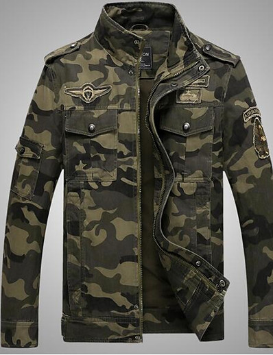 hesapli Erkek Dış Giyimi-Erkek Ceketler Sonbahar Günlük Hafta sonu Normal Ceket Dik Yaka Normal Askeri Ceketler Uzun Kollu Kamuflaj Ordu Yeşili Haki / Pamuklu
