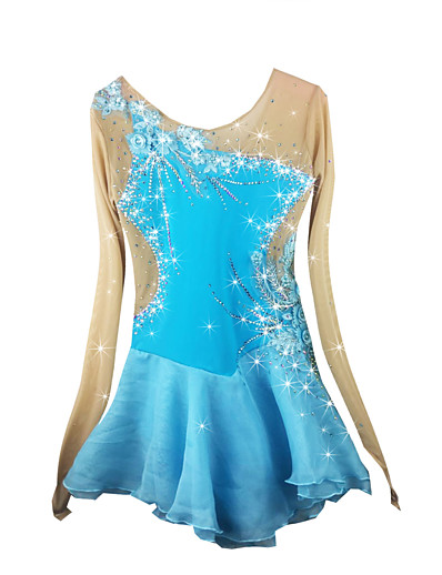 cheap Sportswear-Figure Skating Dress Women&#039;s Girls&#039; Ice Skating Dress Outfits Pale Blue Spandex Competition High Elasticity Skating Wear Solid Colored Handmade Ice Skating Figure Skating Long Sleeve / Rhinestone