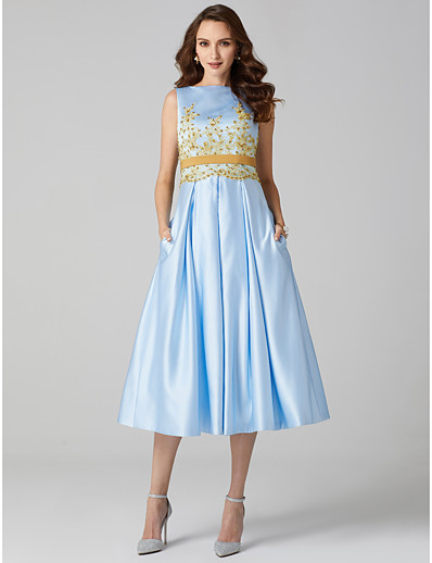 cheap Elegant Dresses-A-Line Elegant Floral Cocktail Party Prom Dress Jewel Neck Sleeveless Tea Length Satin with Pleats Appliques 2021