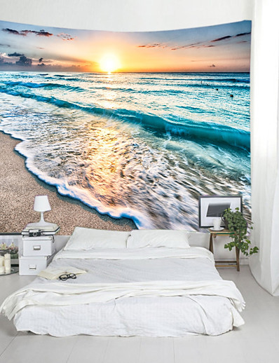 ieftine Casă &amp; Grădină-tapiserie de perete decor de artă pătură perdea picnic față de masă agățat acasă dormitor sufragerie dormitor decor peisaj plajă mare ocean val răsărit soare