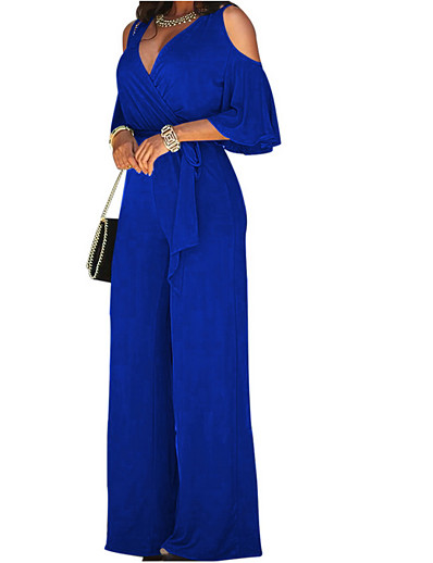 cheap Jumpsuits &amp; Rompers-Women&#039;s Elegant Casual Off Shoulder Party Wedding Wide Leg Wine Royal Blue Black Jumpsuit Cut Out Solid Color High Waist