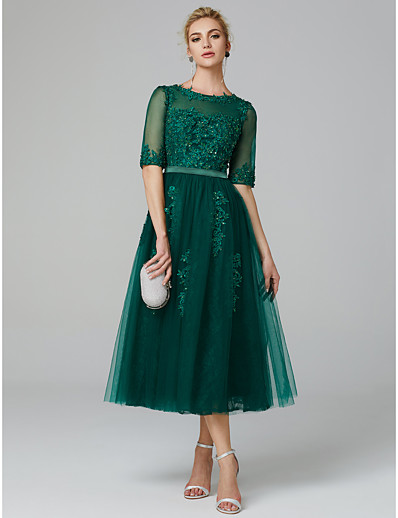cheap Elegant Dresses-A-Line Sparkle Wedding Guest Formal Evening Dress Illusion Neck Sleeveless Tea Length Lace Over Tulle with Sequin Appliques 2021