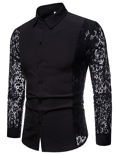 cheap Men-Men&#039;s Shirt Solid Colored Collar Shirt Collar Daily Club Long Sleeve Cut Out Lace Tops Luxury Basic Sexy White Black / Patchwork