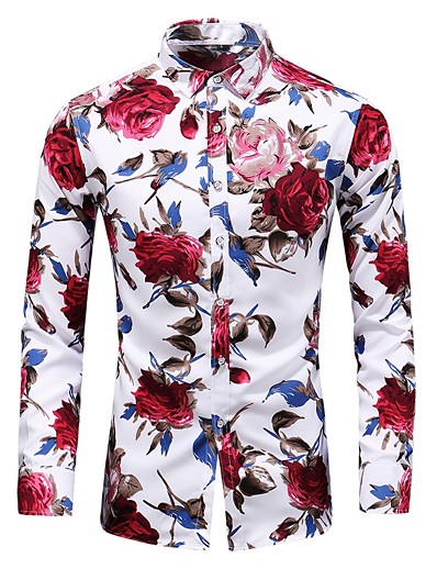 cheap Men-Men&#039;s Shirt Floral Collar Plus Size Street Causal Long Sleeve Print Slim Tops Basic Casual Vintage Comfortable Blue Black Red / Wash with similar colours / Holiday / Daily / Going out