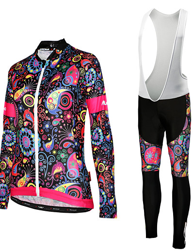 cheap Sportswear-Women&#039;s Long Sleeve Cycling Jersey with Bib Tights Winter Polyester White Yellow Black Floral Botanical Plus Size Bike Jersey Bib Tights UV Resistant Quick Dry Back Pocket Sports Patterned Mountain