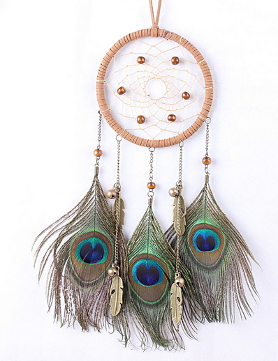cheap Basic Collection-Boho Dream Catcher Handmade Gift Wall Hanging Decor Art Ornament Craft Peacock Feather Bead for Kids Bedroom Wedding Festival 45*11cm