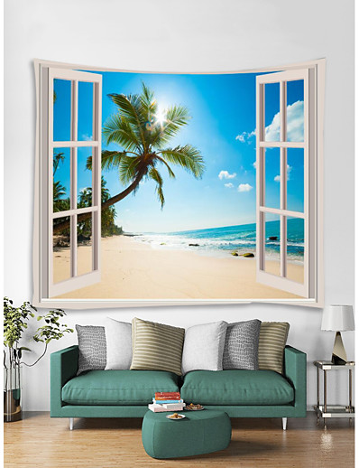 ieftine Casă &amp; Grădină-fereastră peisaj perete tapiserie artă decor pătură perdea picnic față de masă agățat acasă dormitor sufragerie dormitor decor poliester mare ocean plajă palmier