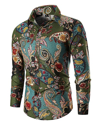 cheap Men&#039;s Tops-Men&#039;s Shirt Paisley Tribal Collar Shirt Collar Street Causal Long Sleeve Tops Basic Fashion Vintage Cool Green Red / Wash with similar colours / Breathable / Holiday / Daily