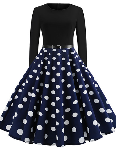 cheap DRESSES-Women's Swing Dress Knee Length Dress Long Sleeve Polka Dot Fall Spring Elegant Vintage Cotton Black Blue Red S M L XL XXL