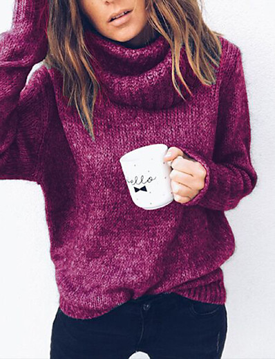 저렴한 스웨터 &amp; 가디건-여성용 풀오버 점퍼 스웨터 한 색상 니트 세련 베이직 캐쥬얼 긴 소매 보통 스웨터 가디건 가을 겨울 터틀넥 블러슁 핑크 블랙 퓨샤 / 데이트