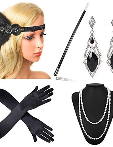 cheap Cosplay &amp; Costumes-The Great Gatsby Charleston Roaring 20s 1920s Vintage Roaring Twenties Flapper Headband Women&#039;s Feather Costume Head Jewelry Pearl Necklace Golden / Golden+Black / Black / White Vintage Cosplay