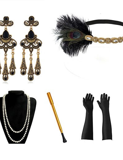 cheap Cosplay &amp; Costumes-The Great Gatsby Charleston Vintage 1920s The Great Gatsby Roaring 20s Costume Accessory Sets Gloves Headpiece Flapper Headband Women&#039;s Tassel Fringe Costume Head Jewelry Earrings Golden+Black