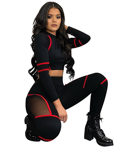 cheap Sportswear-Women&#039;s Tracksuit See Through Patchwork Winter Tights Crop Top Clothing Suit Stripes Red black Black+White Zumba Fitness Dance Mesh Tummy Control Butt Lift 4 Way Stretch High Waist Long Sleeve Sport