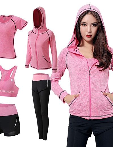cheap Sportswear-Women&#039;s Full Zip Racerback Tracksuit Casual Athleisure Shorts 5pcs Winter Thermal Warm Quick Dry Breathable Yoga Fitness Gym Workout Running Sportswear Solid Colored Plus Size Hoodie Dark Grey Pink