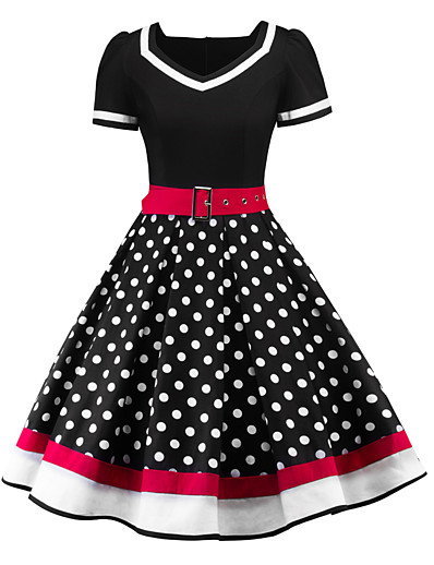 저렴한 고전 코스튬-오드리 햅번 도트 무늬 레트로 / 빈티지 1950년대 휴가 드레스 여름 드레스 졸업 파티 드레스 여성용 코스츔 블랙 / 레드 / 블러슁 핑크 / 레드 빈티지 코스프레 짧은 소매 무릎 길이