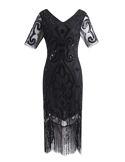 cheap Cosplay &amp; Costumes-The Great Gatsby Charleston Roaring 20s 1920s Vintage Vacation Dress Flapper Dress Party Costume Masquerade Prom Dress Women&#039;s Sequin Sequins Tassel Fringe Lace Costume Black+Golden / Black+Sliver
