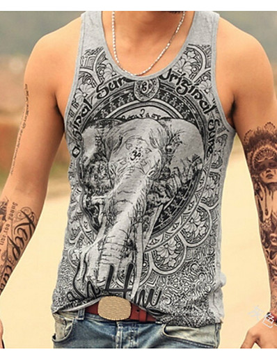cheap Men&#039;s Tees &amp; Tank Tops-Men&#039;s Tank Top Vest Shirt Graphic Elephant Round Neck Plus Size Daily Sports Sleeveless Print Slim Tops Cotton Active Slim Fit Workout Blue White Gray / Summer