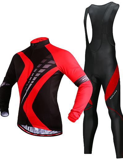 cheap Sportswear-Men&#039;s Cycling Jersey with Bib Tights Long Sleeve - Winter Fleece Silicone Polyester Black / Red Patchwork Bike Thermal Warm Fleece Lining 3D Pad Reflective Strips Back Pocket Clothing Suit Sports