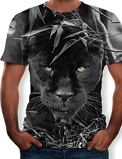 billige 3D til mænd-Herre T-shirt Skjorte Grafisk 3D Dyr Rund hals Tynd Toppe Sort