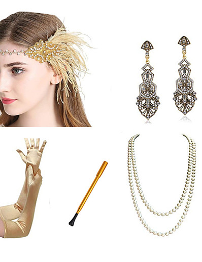cheap Cosplay &amp; Costumes-Charleston 1920s Vintage The Great Gatsby Costume Accessory Sets Gloves Flapper Headband Women&#039;s Feather Costume Necklace Earrings Golden / Golden+Black / Red+Golden Vintage Cosplay Festival