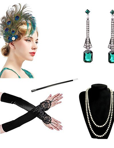 cheap Cosplay &amp; Costumes-1920s Vintage The Great Gatsby Charleston Costume Accessory Sets Gloves Flapper Headband Women&#039;s Feather Costume Necklace Earrings Navy / Red+Black / Rainbow Vintage Cosplay Festival
