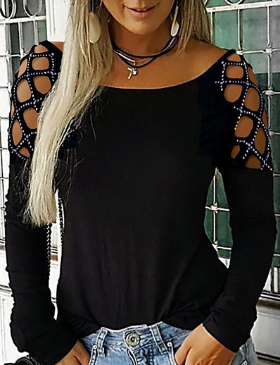 hesapli Tişörtler-Kadın&#039;s Bluz T gömlek Gömlek Solid Yuvarlak Yaka Şalter Yapay elmas Temel Derin Üstler Havuz Şarap Siyah