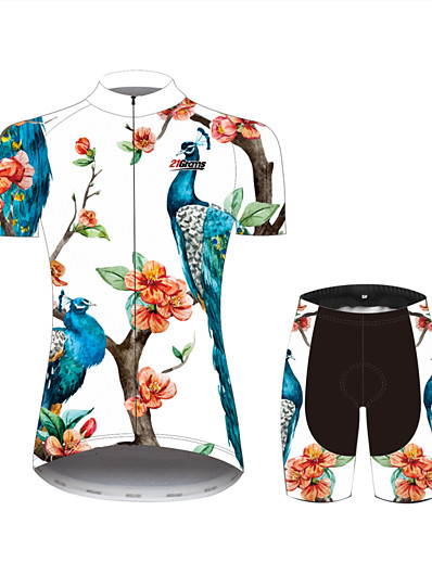 cheap Sportswear-21Grams® Floral Botanical Peacock Funny Short Sleeve Women&#039;s Cycling Jersey with Shorts - Black+White Bike Breathable Quick Dry Moisture Wicking Clothing Suit Sports 100% Polyester Summer Mountain