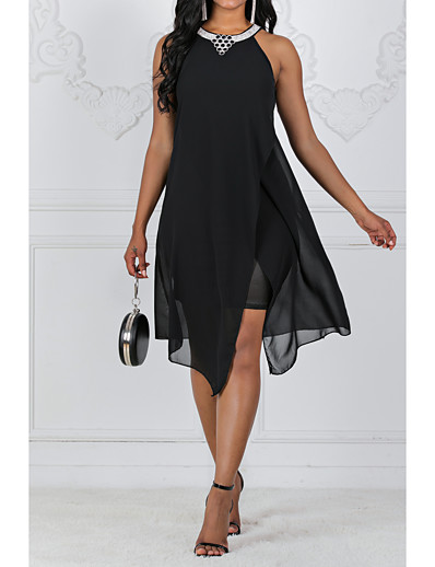 cheap Elegant Dresses-Women&#039;s A-Line Dress Knee Length Dress Sleeveless Print Sequins Beaded Chiffon Summer Classic &amp; Timeless Hot Kentucky Derby Black Purple Wine Navy Blue S M L XL XXL 3XL