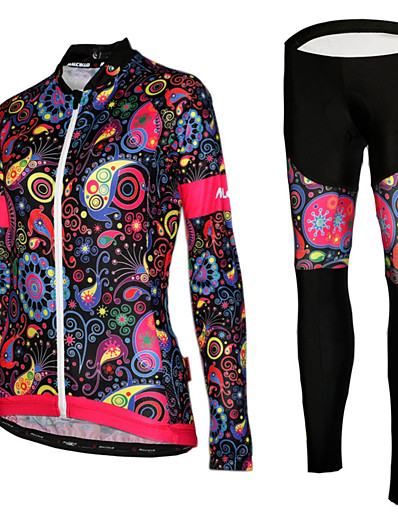 cheap Sportswear-Women&#039;s Long Sleeve Cycling Jersey with Tights Winter Mesh Lycra Polyester Purple Yellow Black Floral Botanical Bike Jersey Tights UV Resistant 3D Pad Quick Dry Breathable Reflective Strips Sports