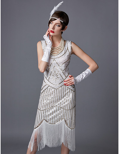 cheap Historical &amp; Vintage Costumes-The Great Gatsby Charleston Roaring 20s 1920s The Great Gatsby Roaring Twenties Vacation Dress Flapper Dress Halloween Costumes Prom Dresses Women&#039;s Sequins Costume Golden / Red / White Vintage