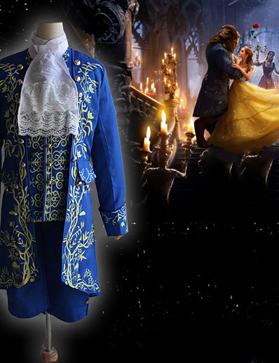 ieftine Costume Antice-Prinţ Bestia și frumusețea Aristocrat Outlander Inspirat de epocă Medieval Ținute Mascaradă Îmbrăcăminte Exterior Bărbați Costum Albastru Epocă Cosplay Manșon Lung Petrecere Halloween / Geacă / Vestă