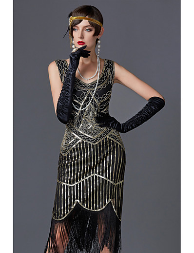 cheap Cosplay &amp; Costumes-Charleston Tassel Roaring 20s 1920s The Great Gatsby Vacation Dress Flapper Dress Halloween Costumes Prom Dresses Women&#039;s Sequin Costume Golden / Green / Black / Black+Golden Vintage Cosplay