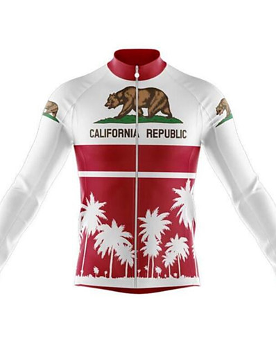 cheap Sportswear-21Grams® California Republic Funny Long Sleeve Men&#039;s Cycling Jersey - Red / White Bike Thermal Warm UV Resistant Breathable Jersey Top Sports 100% Polyester Winter Summer Mountain Bike MTB Road Bike