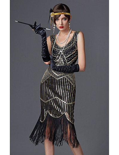 cheap Cosplay &amp; Costumes-The Great Gatsby Charleston Retro Vintage Roaring 20s 1920s Flapper Dress Prom Dresses Adults&#039; Women&#039;s Polyester Sequins Costume Golden / Black / Red Vintage Cosplay Sleeveless Party Masquerade