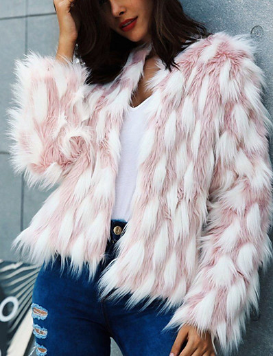 hesapli Kadın Kürk ve Derileri-Kadın&#039;s Suni Kürk Sonbahar Kış Günlük Normal Ceket Normal Ceketler Uzun Kollu Zıt Renkli Doğal Pembe