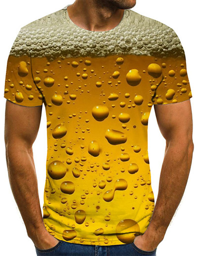 cheap Men-Men&#039;s Tee T shirt Shirt Graphic Beer 3D Print Round Neck Plus Size Daily Going out Short Sleeve Pleated Print Tops Streetwear Exaggerated Comfortable Big and Tall Gold Red Yellow / Summer