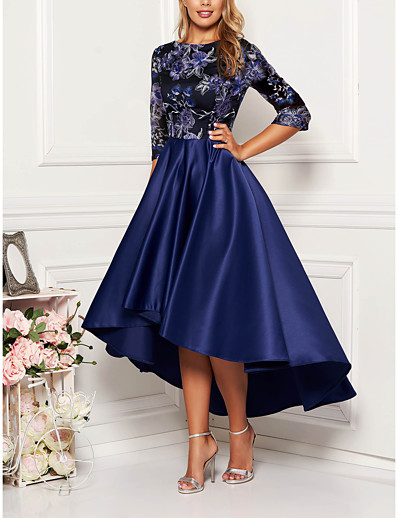 cheap Elegant Dresses-Women&#039;s Swing Dress Midi Dress Half Sleeve Solid Color Floral Print Fall Spring Elegant 2021 Navy Blue M L XL XXL 3XL