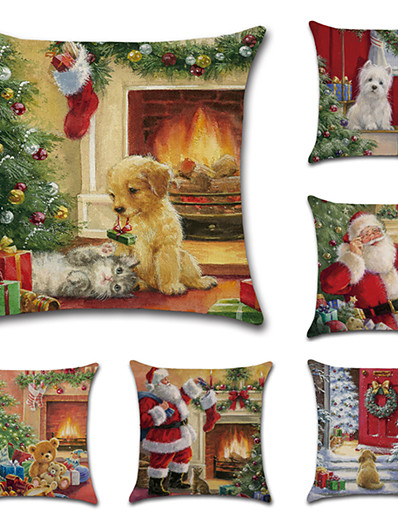 cheap Basic Collection-6 pcs Faux Linen Pillow Cover, Traditional Christmas Holiday Christmas Square Traditional Classic