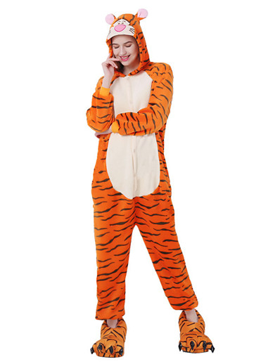 cheap Kigurumi Pajamas-Adults&#039; Kigurumi Pajamas Tiger Onesie Pajamas Flannel Toison Orange Cosplay For Men and Women Animal Sleepwear Cartoon Festival / Holiday Costumes