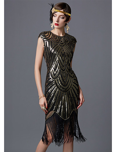cheap Historical &amp; Vintage Costumes-The Great Gatsby Charleston Roaring 20s 1920s Vacation Dress Flapper Dress Prom Dress Halloween Costumes Prom Dresses Women&#039;s Sequins Costume Golden+Black / Burgundy / Blue Vintage Cosplay Sleeveless