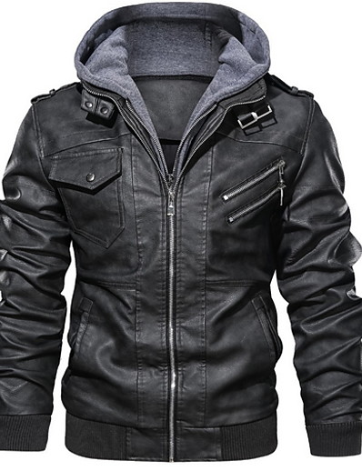 cheap Men&#039;s Outerwear-Men&#039;s Faux Leather Jacket Daily Regular Coat Hooded Regular Fit Jacket Long Sleeve Color Block Gray Black Brown